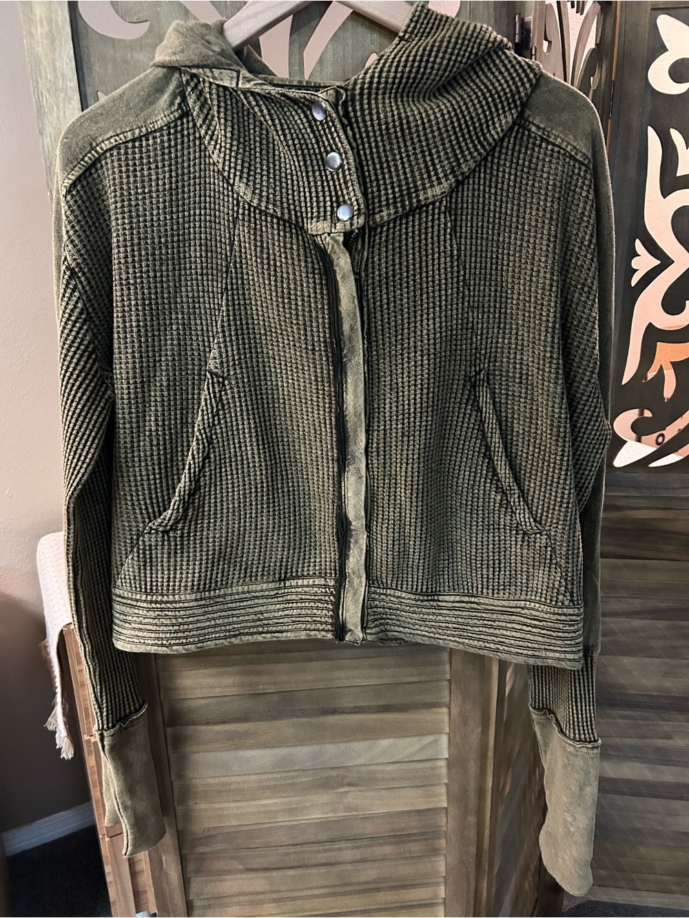 Free People FP One Mason Cropped Hoodie in Green Waffle Knit